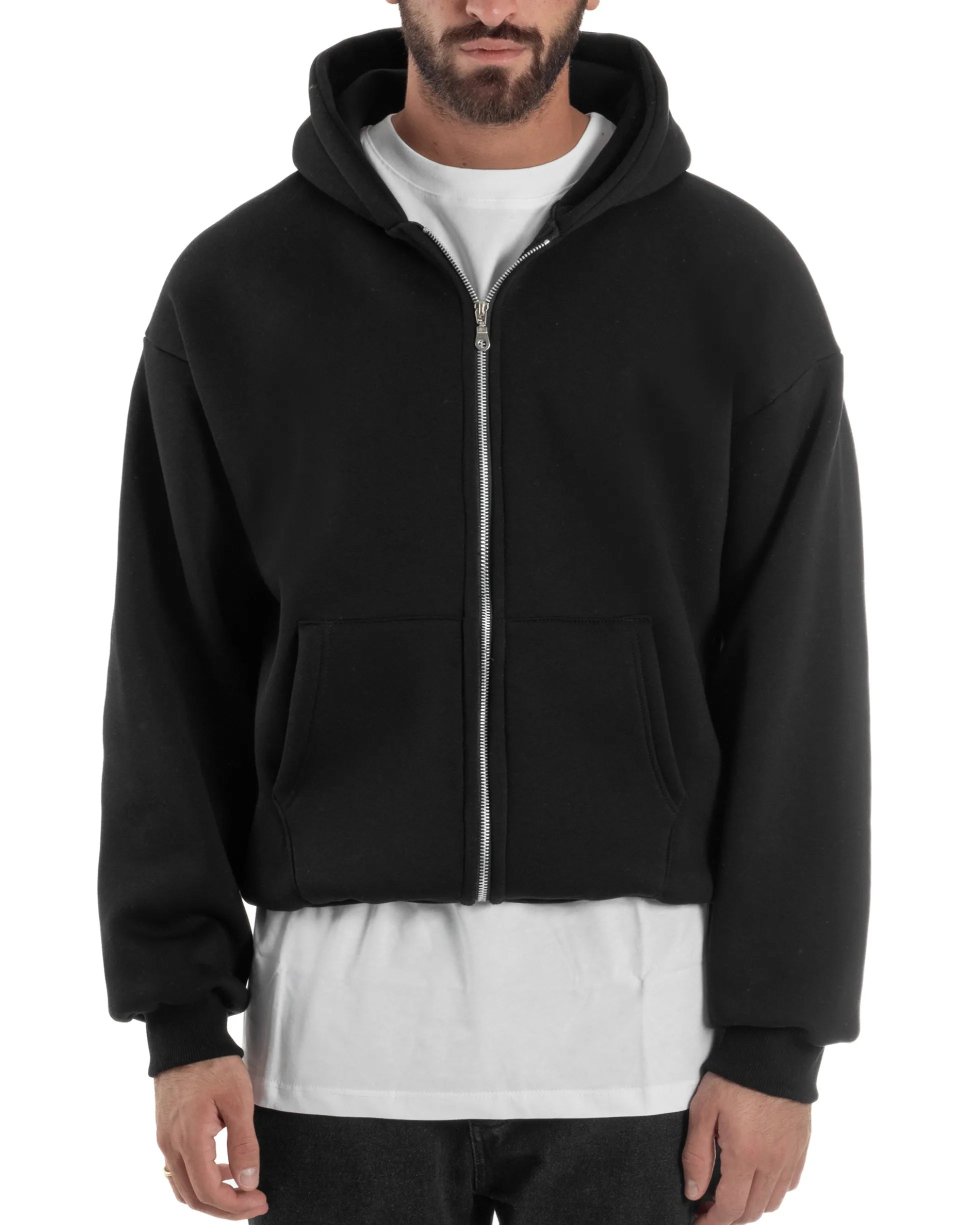 Felpa Boxy Fit Cappuccio E Zip Basic Felpata Nero F3061A