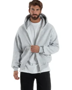 Felpa Boxy Fit Cappuccio E Zip Basic Felpata Grigio Chiaro F3059A