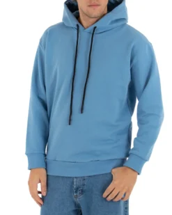 Felpa Con Cappuccio Uomo Basic Tinta Unita Azzurro Comoda Relaxed Fit Garzata Leggera GIOSAL-F2870A