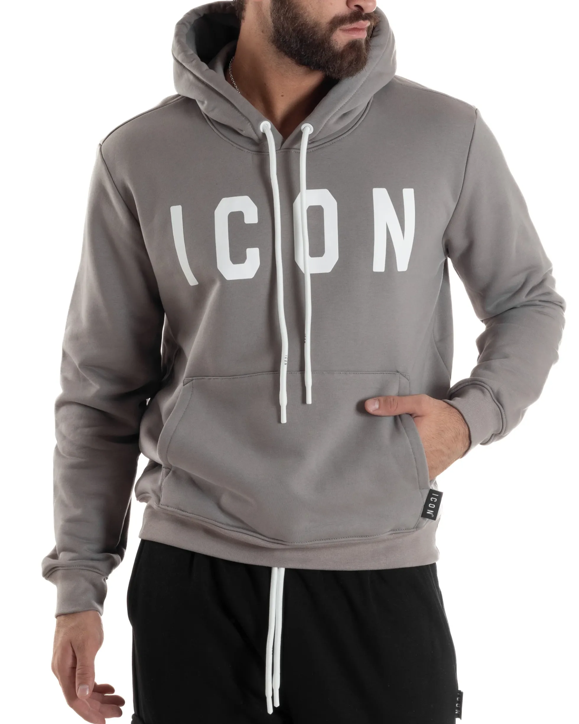 Felpa Uomo Cappuccio Marsupio Stampa Regular Fit Basic Grigio ICON ICUF2W6F005