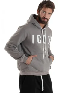 Felpa Uomo Cappuccio Marsupio Stampa Regular Fit Basic Grigio ICON ICUF2W6F005