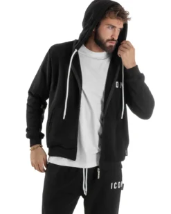Felpa Uomo Cappuccio Zip Marsupio Stampa Regular Fit Basic Nero ICON ICUF2W6F007