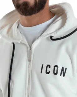Felpa Uomo Cappuccio Zip Marsupio Stampa Regular Fit Basic Bianco ICON ICUF2W6F007