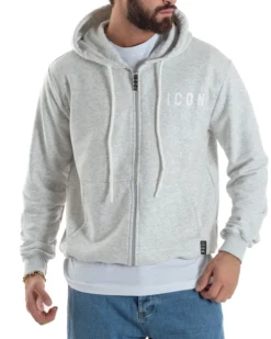 Felpa Uomo Cappuccio Zip Marsupio Stampa Regular Fit Basic Grigio Chiaro ICON ICUF2W6F007