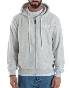 Felpa Uomo Cappuccio Zip Marsupio Stampa Regular Fit Basic Grigio Chiaro ICON ICUF2W6F007