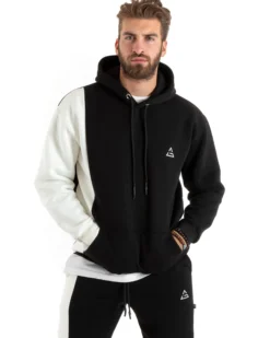Felpa Uomo Con Cappuccio Maglia Felpata Basic Tinta Unita Bicolore Nero Regular Fit GIOSAL-F2999A