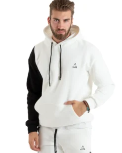 Felpa Uomo Con Cappuccio Maglia Felpata Basic Tinta Unita Bicolore Bianco Regular Fit GIOSAL-F3011A