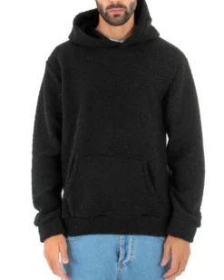 Felpa Uomo Con Cappuccio Maglia Teddy Pelliccia Tinta Unita Nero Regular Fit GIOSAL-F2892A