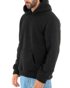 Felpa Uomo Con Cappuccio Maglia Teddy Pelliccia Tinta Unita Nero Regular Fit GIOSAL-F2892A
