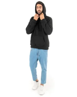 Felpa Uomo Con Cappuccio Maglia Teddy Pelliccia Tinta Unita Nero Regular Fit GIOSAL-F2892A