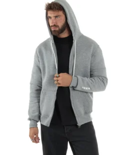 Felpa Uomo Con Cappuccio Zip Basic Tinta Unita Grigio BERNA M252018