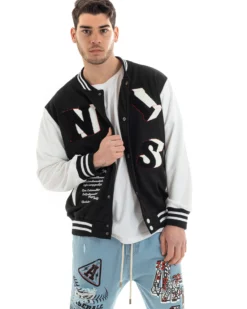 Felpa Uomo Giubbotto College Varsity Stampa Con Patch Giaccone Caldo Bicolore Casual Nero GIOSAL-F2973A