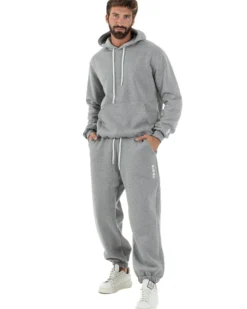 Felpa Uomo Hoodie Con Cappuccio Logo Felpata Comoda Grigio Berna M-252019