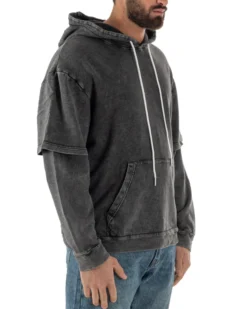 Felpa Uomo Long Sleeve Doppio Strato Slavata Boxy Fit Cappuccio Nero F3076A