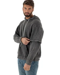 Felpa Uomo Long Sleeve Doppio Strato Slavata Boxy Fit Cappuccio Nero F3076A