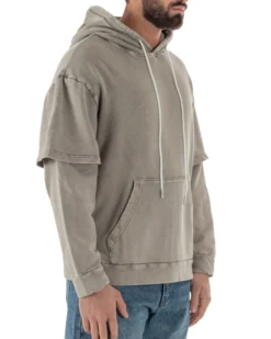 Felpa Uomo Long Sleeve Doppio Strato Slavata Boxy Fit Cappuccio Beige F3077A