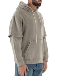 Felpa Uomo Long Sleeve Doppio Strato Slavata Boxy Fit Cappuccio Beige F3077A