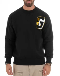 Felpa Uomo Manica Lunga Stampa Ricamo Lettera Tinta Unita Nera Felpata Casual Comfy GIOSAL-F3043A