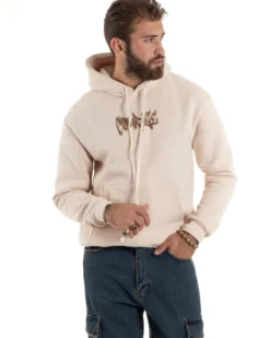 Felpa Uomo PolyCotton Garzata Maglia Calda Con Cappuccio Stampa E Tascone Relaxed Fit Beige GIOSAL-F3028A