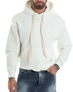 Felpa Uomo PolyCotton Garzata Con Cappuccio Cuciture Reverse E Marsupio Boxy Fit Maglia Morbida Calda Bianco GIOSAL-F3041A