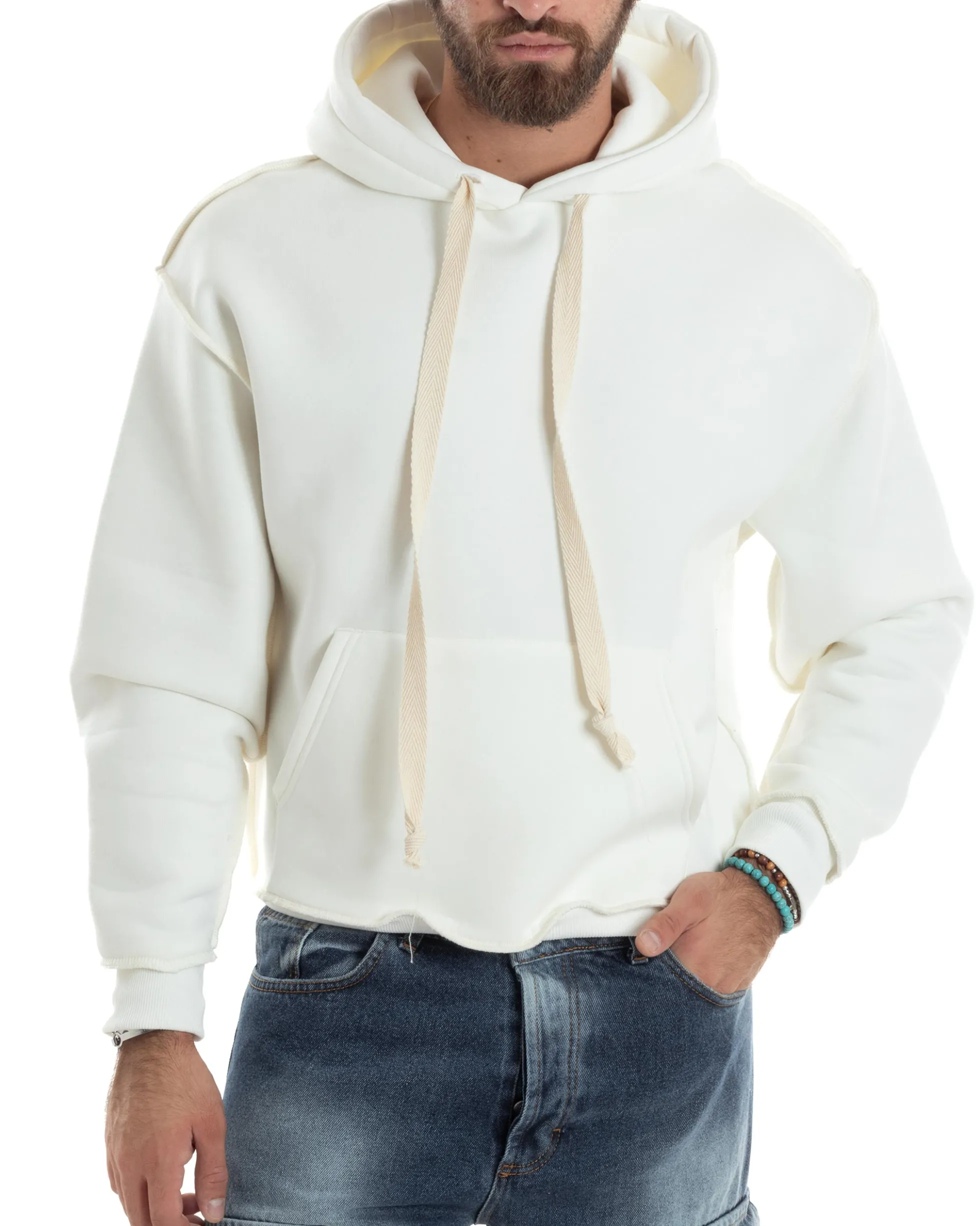 Felpa Uomo PolyCotton Garzata Con Cappuccio Cuciture Reverse E Marsupio Boxy Fit Maglia Morbida Calda Bianco GIOSAL-F3041A