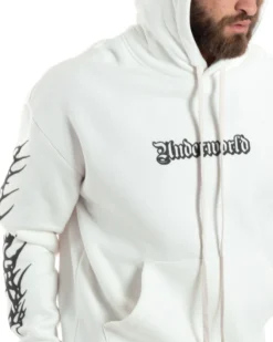 Felpa Uomo PolyCotton Garzata Con Stampa Cappuccio Maglia Calda Marsupio Relaxed Fit Bianco GIOSAL-F3030A