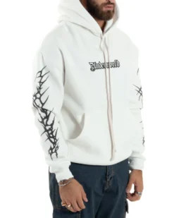 Felpa Uomo PolyCotton Garzata Con Stampa Cappuccio Maglia Calda Marsupio Relaxed Fit Bianco GIOSAL-F3030A