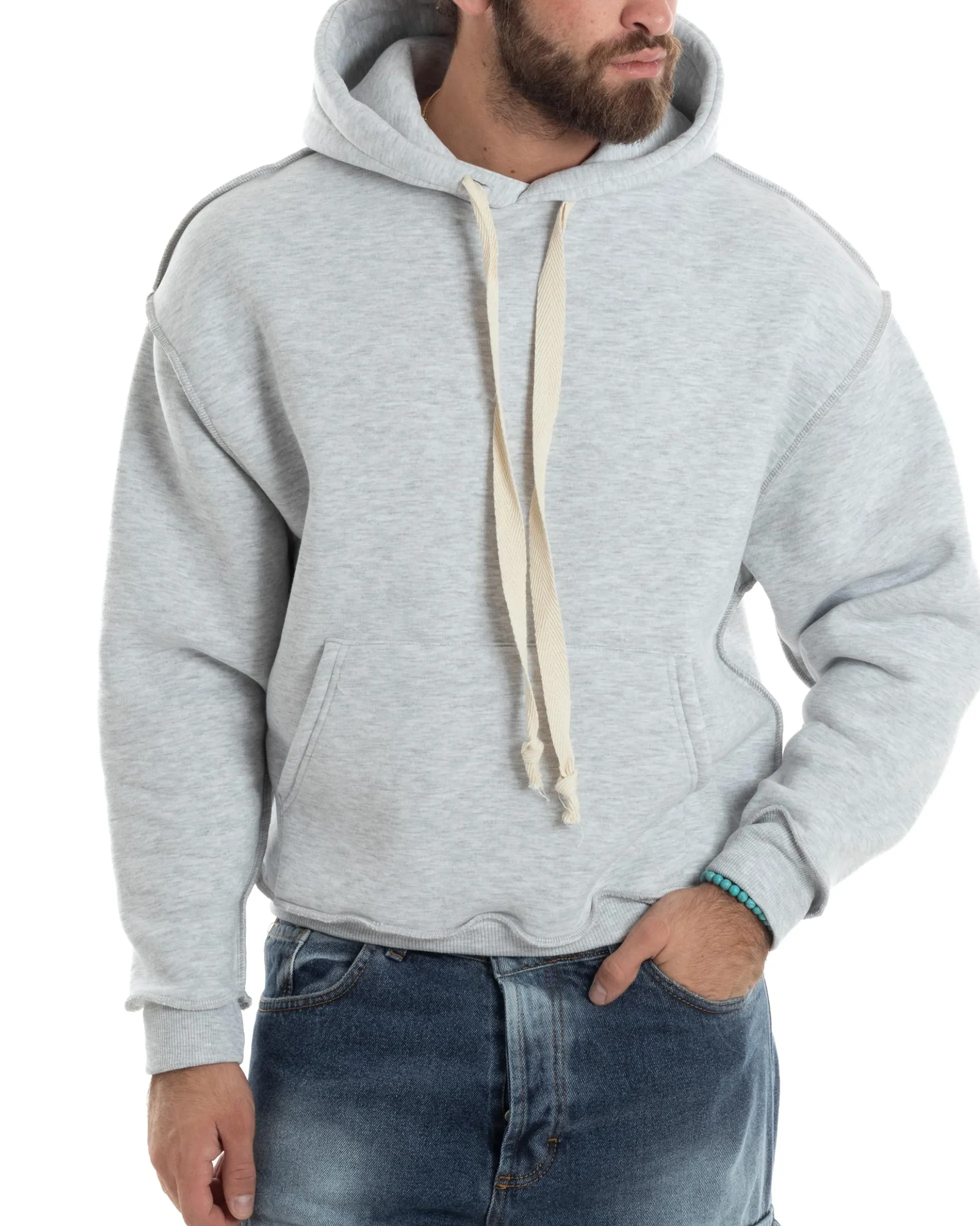 Felpa Uomo PolyCotton Garzata Con Cappuccio Cuciture Reverse E Marsupio Boxy Fit Maglia Morbida Calda Grigio GIOSAL-F3040A