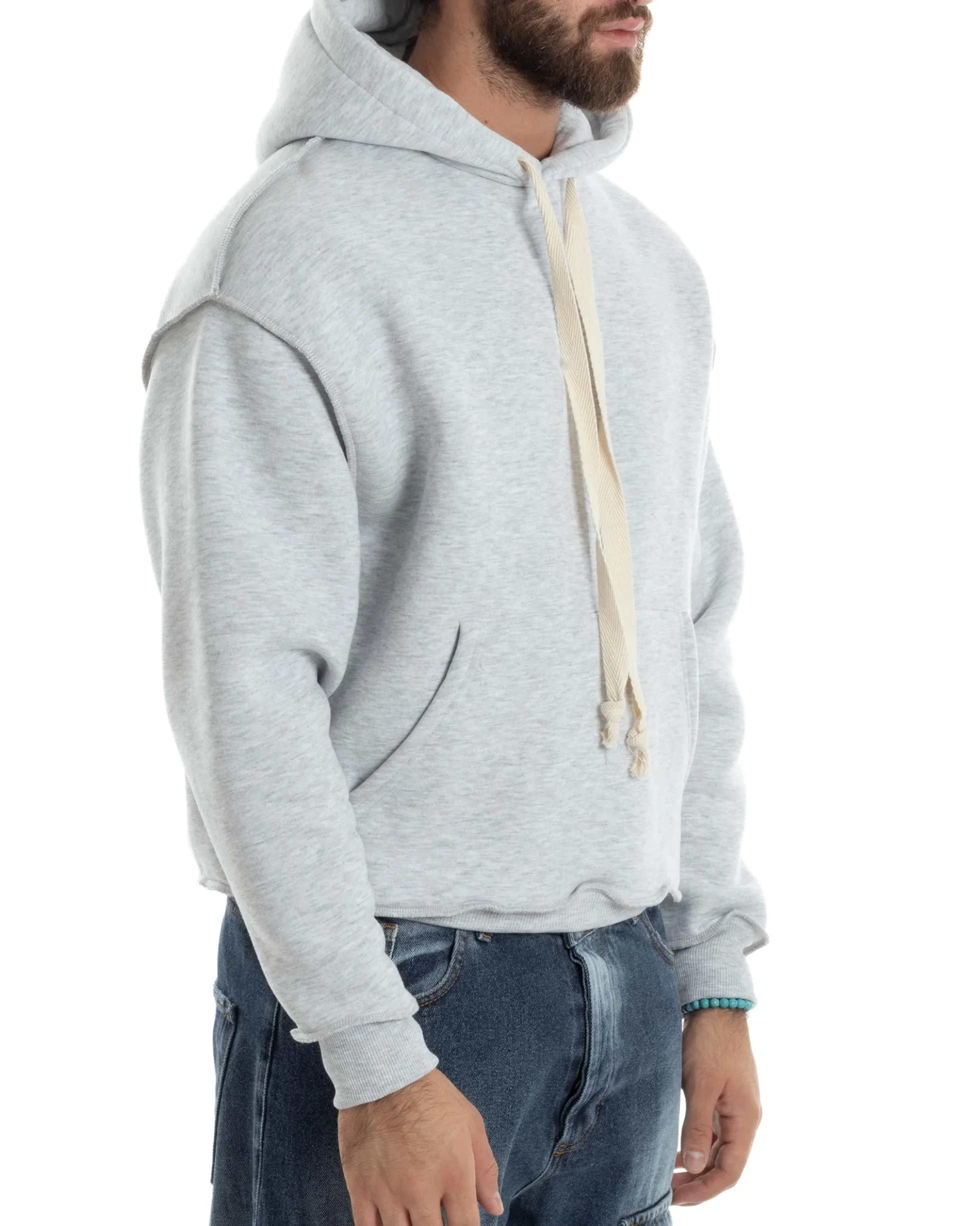 Felpa Uomo PolyCotton Garzata Con Cappuccio Cuciture Reverse E Marsupio Boxy Fit Maglia Morbida Calda Grigio GIOSAL-F3040A