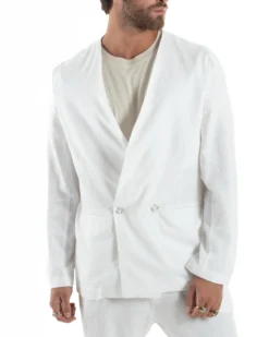 Giacca doppiopetto lino senza rever scollo v bianco GIOSAL-G3309A
