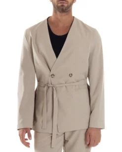 Giacca Doppiopetto Uomo Viscosa Senza Rever Relaxed Fit Casual Tinta Unita Beige GIOSAL-G3296A