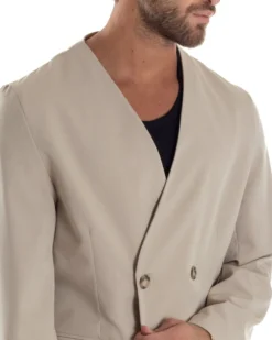 Giacca Doppiopetto Uomo Viscosa Senza Rever Relaxed Fit Casual Tinta Unita Beige GIOSAL-G3296A