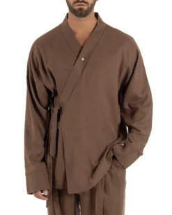 Giacca kimono lino relaxed fit morbido tinta unita marrone GIOSAL-G3400A