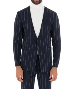 Giacca Monopetto Uomo Collo Coreano Rigata Blu Bottone Nascosto GIOSAL-G2732A