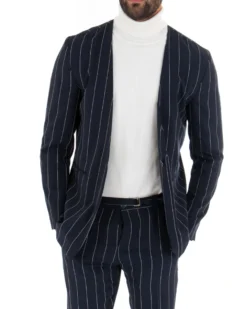 Giacca Monopetto Uomo Collo Coreano Rigata Blu Bottone Nascosto GIOSAL-G2732A
