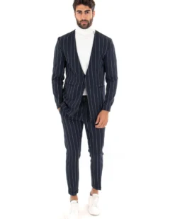 Giacca Monopetto Uomo Collo Coreano Rigata Blu Bottone Nascosto GIOSAL-G2732A