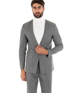 Giacca Monopetto Uomo Collo Coreano Rigata Grigio Bottone Nascosto GIOSAL-G2731A