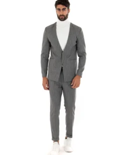 Giacca Monopetto Uomo Collo Coreano Rigata Grigio Bottone Nascosto GIOSAL-G2731A