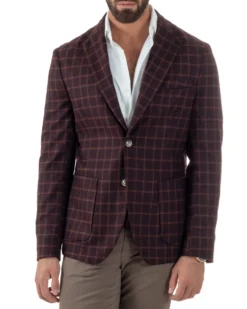 Giacca Monopetto Uomo Lana Check Quadri Revers Blazer Bordeaux BZ1004A