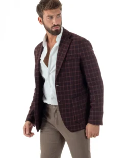 Giacca Monopetto Uomo Lana Check Quadri Revers Blazer Bordeaux BZ1004A