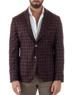 Giacca Monopetto Uomo Lana Check Quadri Revers Blazer Bordeaux BZ1004A