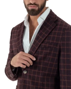 Giacca Monopetto Uomo Lana Check Quadri Revers Blazer Bordeaux BZ1004A