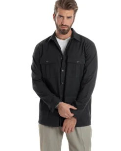 Giacca Sahariana Uomo Flanella Camicia Giubbotto Overshirt Tasconi E Colletto Camicione Casual Tinta Unita Nero GIOSAL-G3278A
