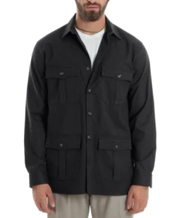 Giacca Sahariana Uomo Flanella Camicia Giubbotto Overshirt Tasconi E Colletto Camicione Casual Tinta Unita Nero GIOSAL-G3278A