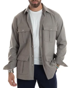 Giacca Sahariana Uomo Flanella Camicia Giubbotto Overshirt Tasconi E Colletto Camicione Casual Tinta Unita Beige GIOSAL-G3279A