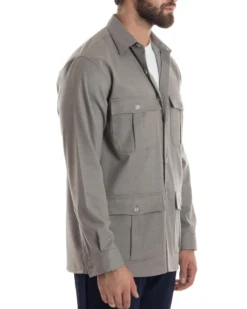 Giacca Sahariana Uomo Flanella Camicia Giubbotto Overshirt Tasconi E Colletto Camicione Casual Tinta Unita Beige GIOSAL-G3279A