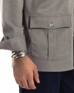 Giacca Sahariana Uomo Flanella Camicia Giubbotto Overshirt Tasconi E Colletto Camicione Casual Tinta Unita Beige GIOSAL-G3279A