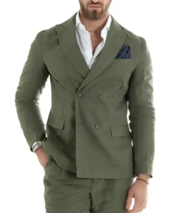 Giacca Uomo Doppiopetto Lino Tinta Unita Verde Sartoriale Cerimonia Elegante Casual GIOSAL-G3061A