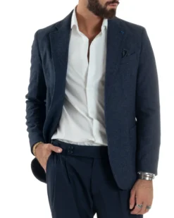 Giacca Uomo Lana Monopetto Puntinata Tinta Unita Blu BZ1002A