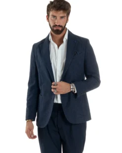 Giacca Uomo Lana Monopetto Puntinata Tinta Unita Blu BZ1002A